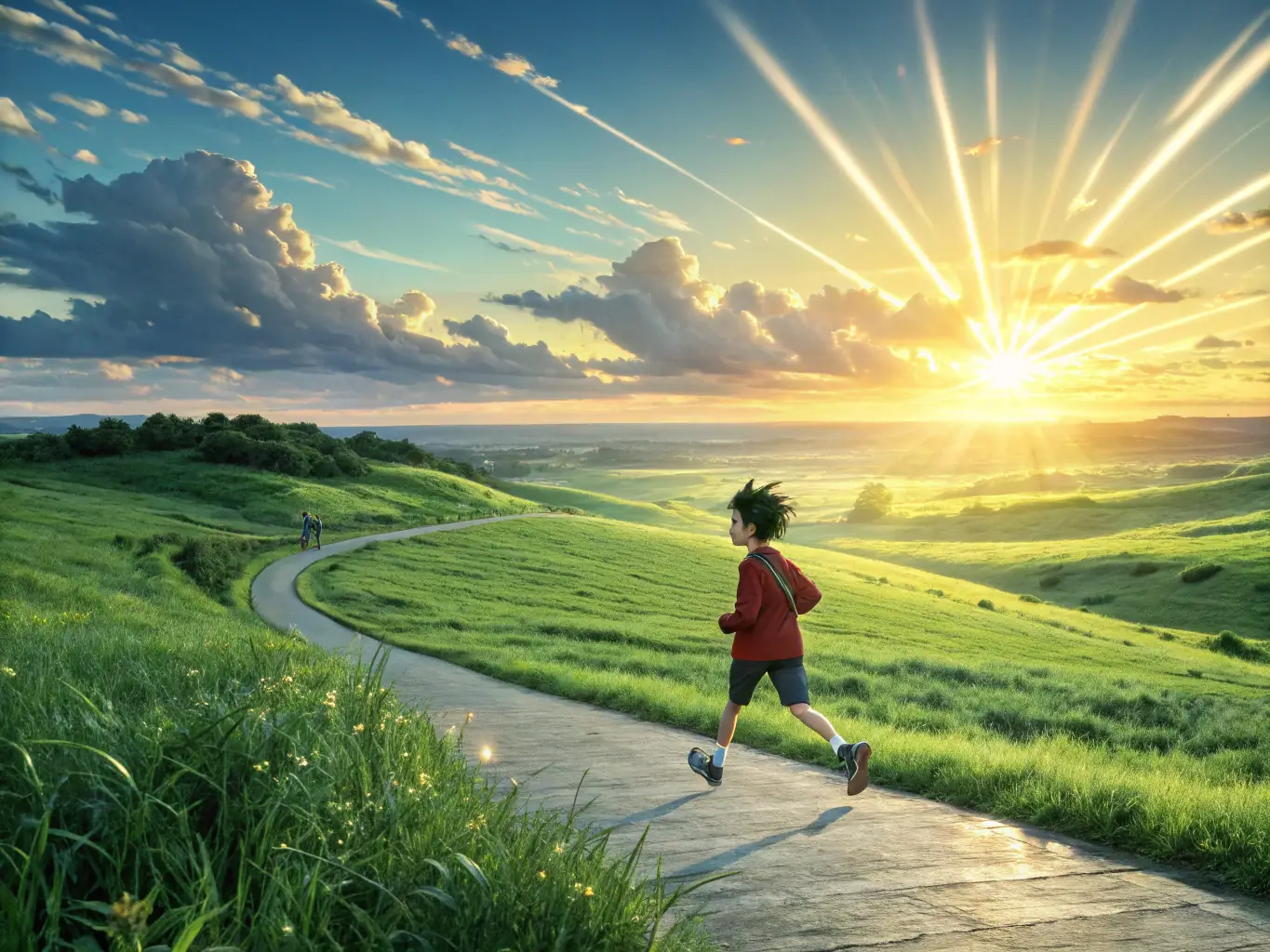A vibrant image of a person confidently striding forward on a clear path, symbolizing personal growth and achievement, with a supportive life coach cheering them on from the sidelines.